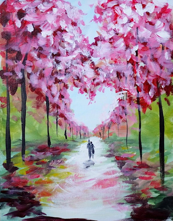 a canvas painting of two people walking down a path with pink trees