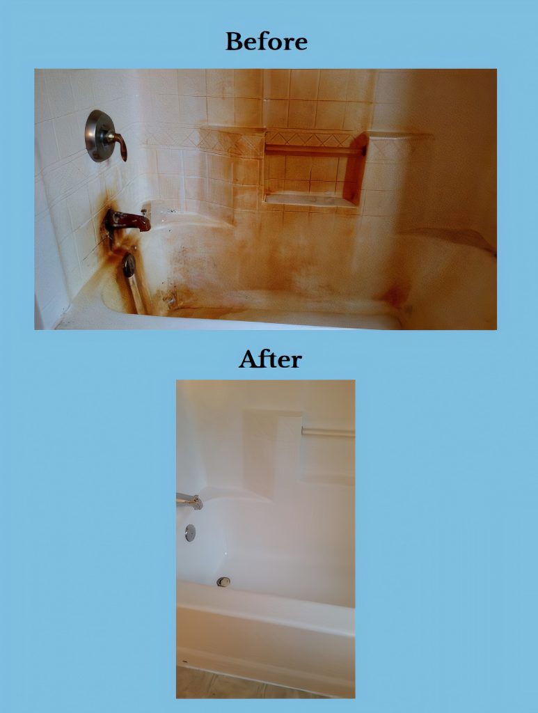 two photos on a blue background. One says Before and is a photo fo a very dirty bathtub. The other says after and shows a clean bathtub