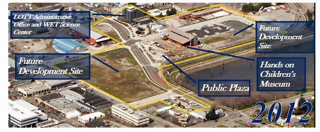 aerial photo of the Port of Olympia with tags taht say LOTT Administrative Office and WET Science Center, Future Development Site, Futured Development Site, Public Plaza and Hands on Children's Museum
