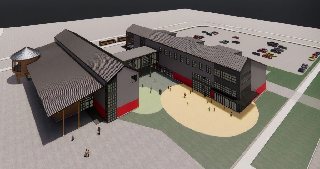 a rendering of the new Hands on Children's Museum that shows largers buildings, a walk way between, a covered outdoor structure attached to one building and parking
