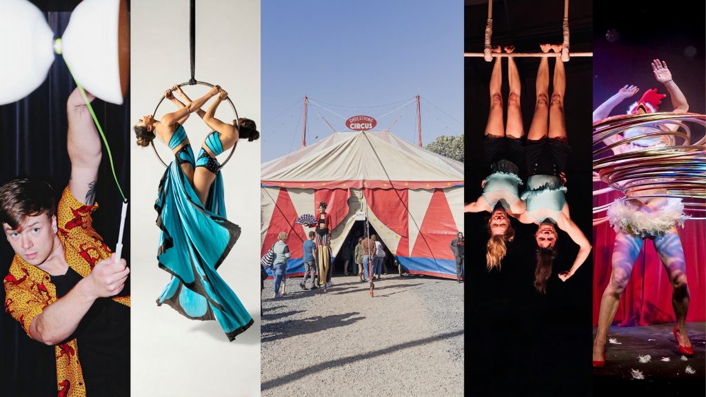 5 photos put together showing a person with many hula hoops, two woman hanging from a trapezes, people entering a giant red and white tent with the words "Shoestring Circus on a sign on the top, two woman in a gymnastics circle and a guy holding two white balloons and a stick