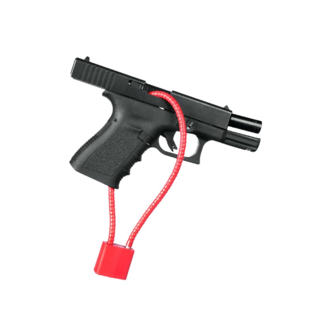 a red cable lock around a gun on a white background