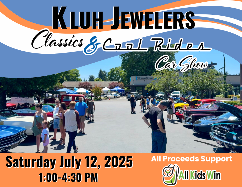 event poster with people walking around classic cars on display in a parking lot. The poster has blue, white and orange stripes with black text that says 'Kluh Jewelers classics and cool rides car show, Saturday July 12, 2025, 1 p.m. - 4:30 p.m., all proceeds support All Kids Win