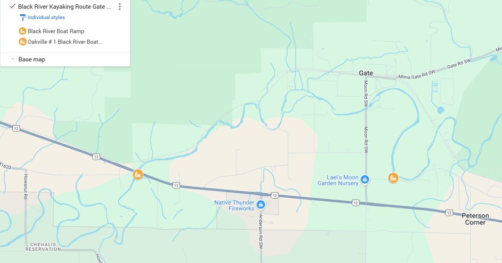 a google map rendering showing the two Black River boat launches with kayak icons