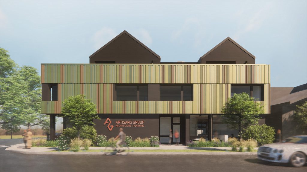 a digital rendering of The Rookery Building - it has orange and green pinstriped facade with two brown peaks. The words "artesian group. architecture planning" are on the side in orange