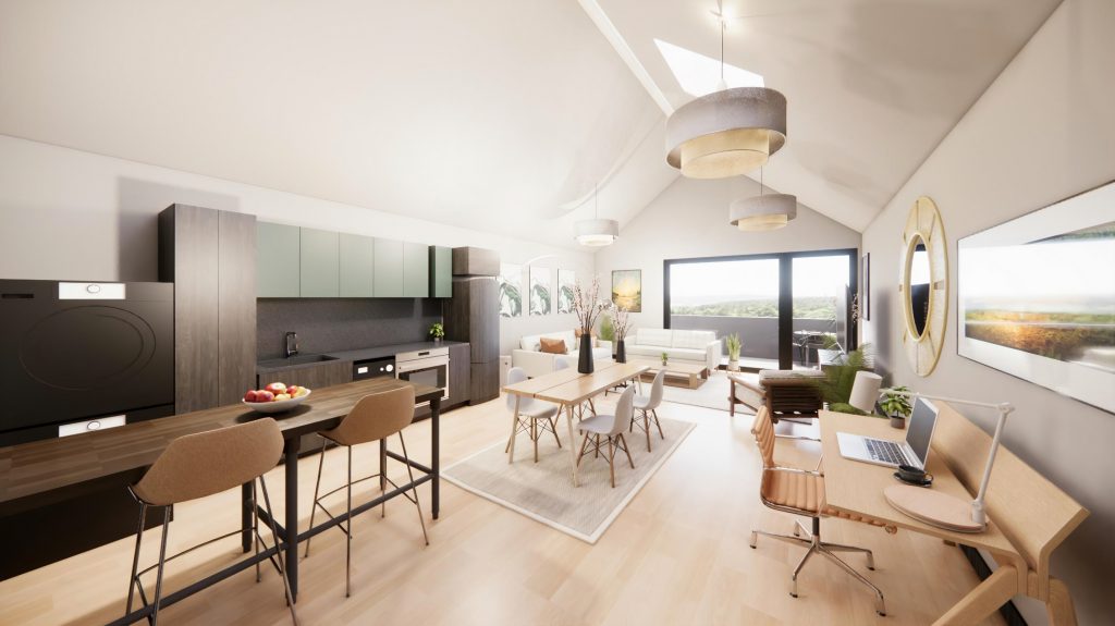 a living space at The Rookery with a desk and computer, kitchenette, tall table with chairs, a dining table with chairs, white couch and a sliding door leading to a balcony. A large mirror and artwork line the walls