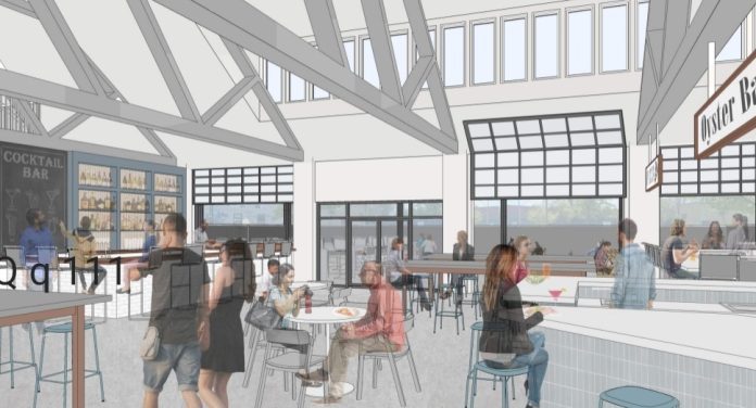 Altitude-15-Interior-View Rendering of a spacious cafeteria-style building with people sitting and walking around