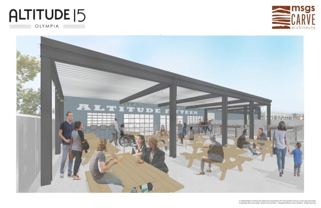 Rendering of a partially covered outdoor seating area with big picnic tables and people walking, standing and sitting