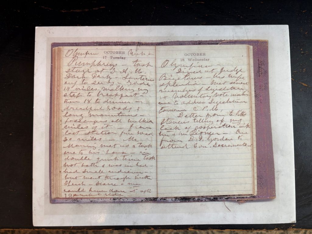 A photo of a photo of two pages of Susan B Anthony's dairy, opened up to entries for October 17, Tuesday and October 18, Wednesday. The writer is ineligible.