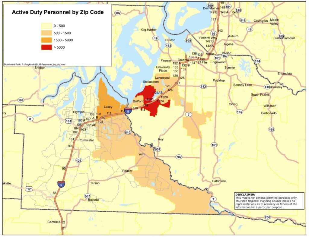 Map illustrating residency concentrations of active duty military personnel