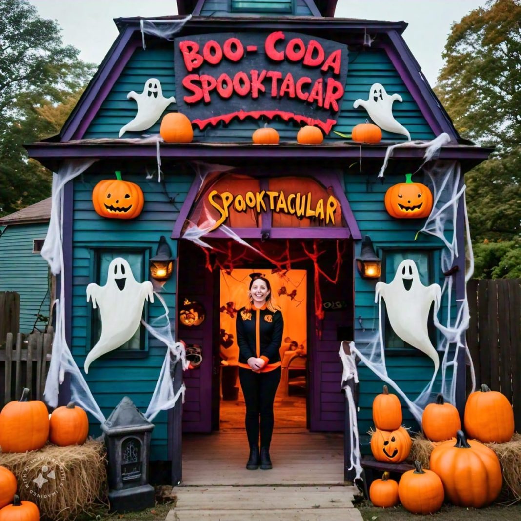 a woman in black tights in a black sweater with orange trim stands in frton of a cute house that is decorated like a friendly Haunted house with smiling ghosts over the windows, and friendly Jack-o-lanterns everywhere. Fake cobwebs are draped around it. A sign reads BOO-CODA Spooktacgar, Spooktacular