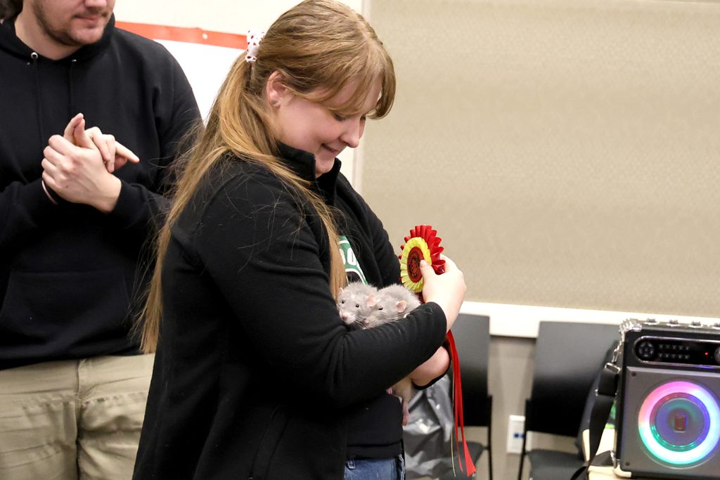 a woman holds a rat and a red show ribbon in her arms. A guy holding a rat is the background